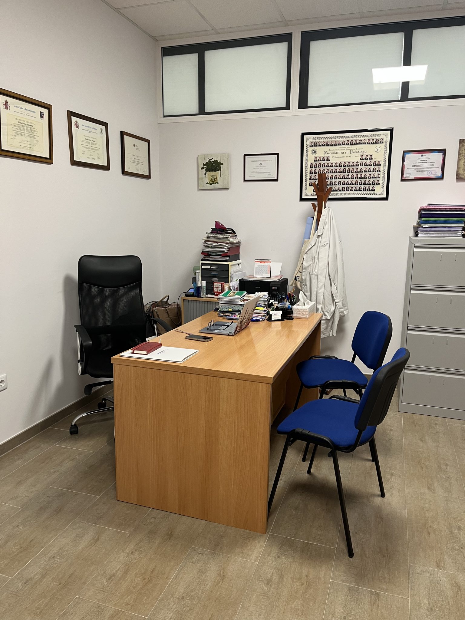 Oficina ordenada con escritorio y sillas azules.